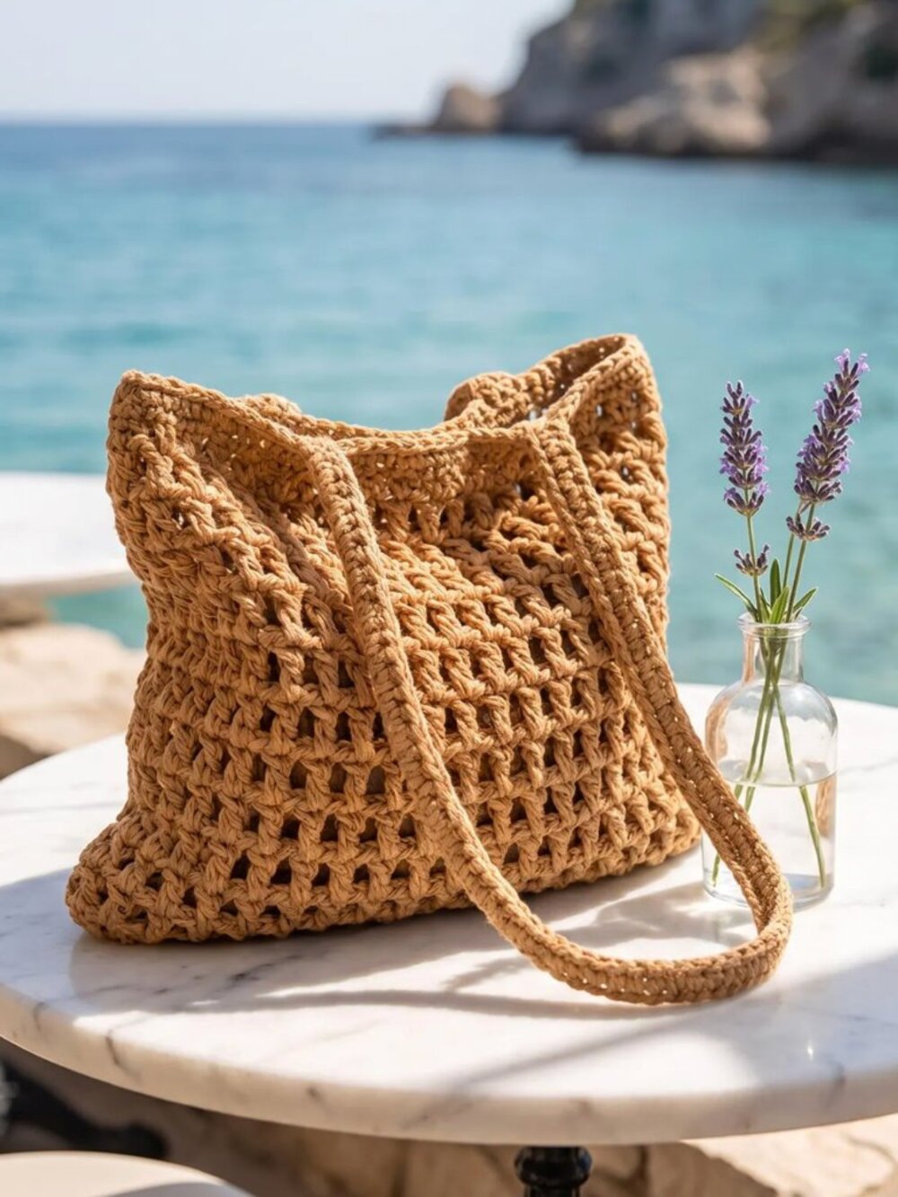 Beach Tote Bag with Woven Crochet Style, Boho Summer Handbag Vacation NWT